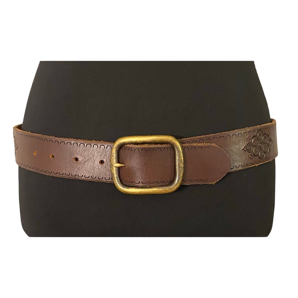 Brown Genuine Leather Floral Embossed Belt Brass Tone Buckle Boho Western